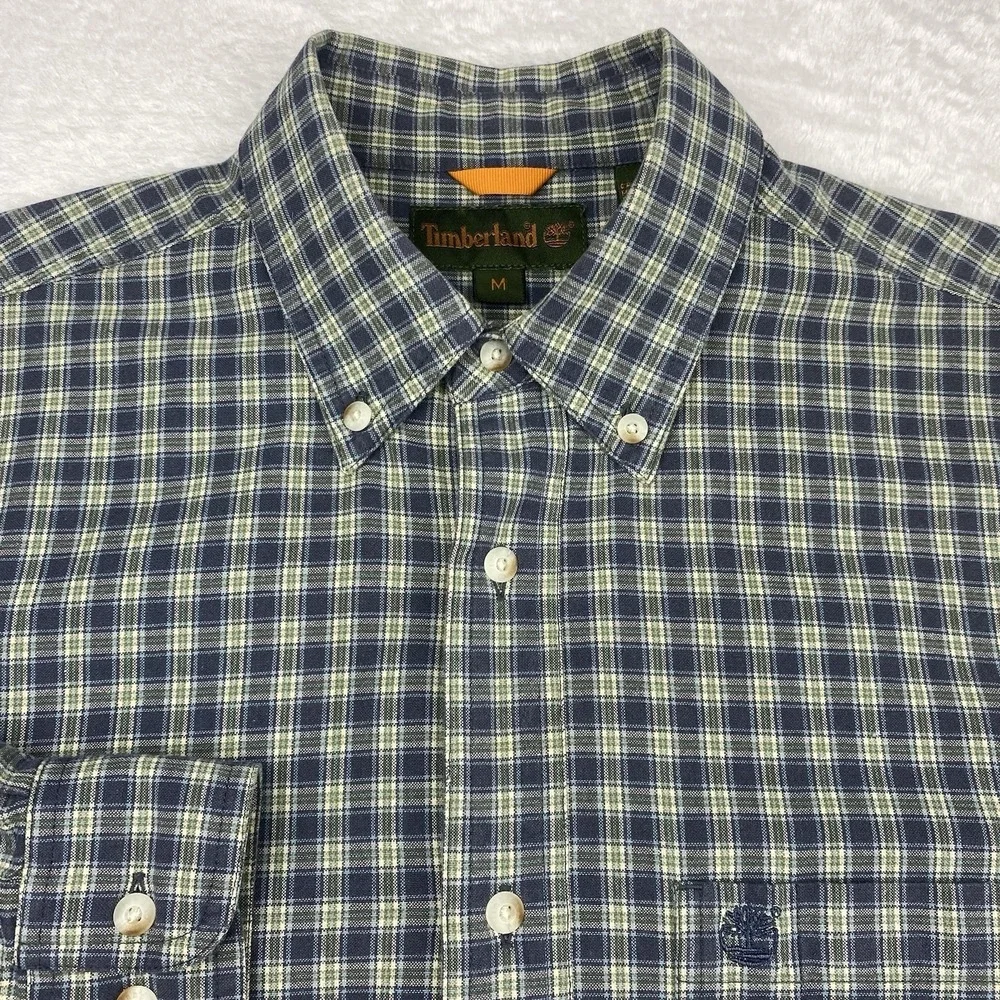 Timberland Men's Medium Blue‎ Green Plaid Button-Down Shirt Long Sleeve